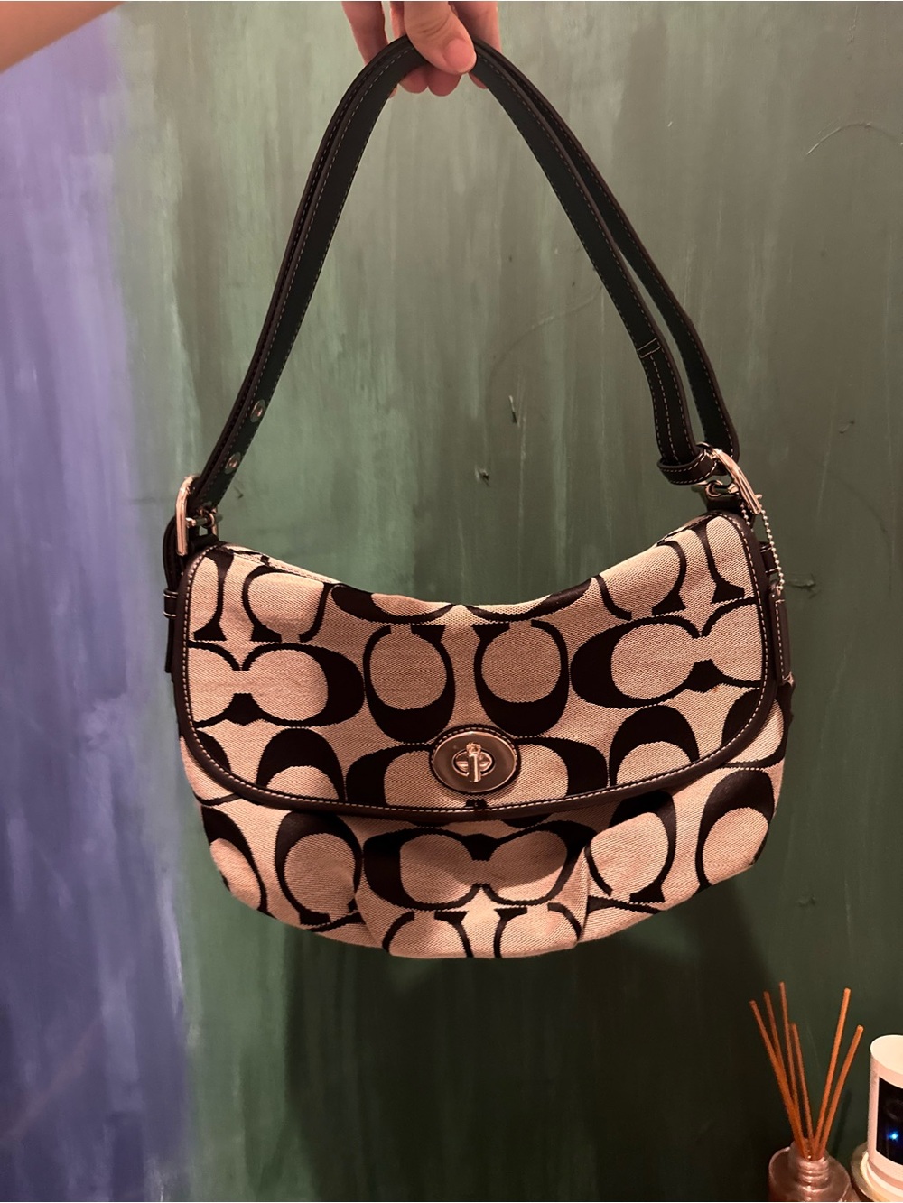 Coach Black and Cream Signature Canvas Shoulder Bag with Turn-Lock